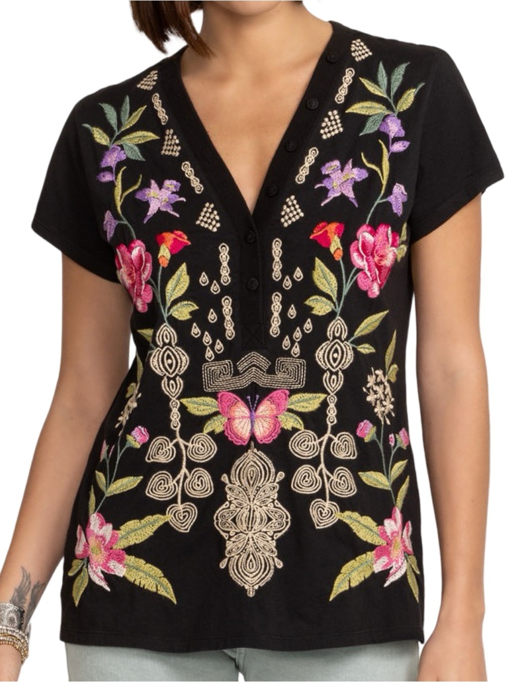 Johnny Was Women’s Size S Black Dacie Button Neck Embroidered Knit Tee T-Shirt